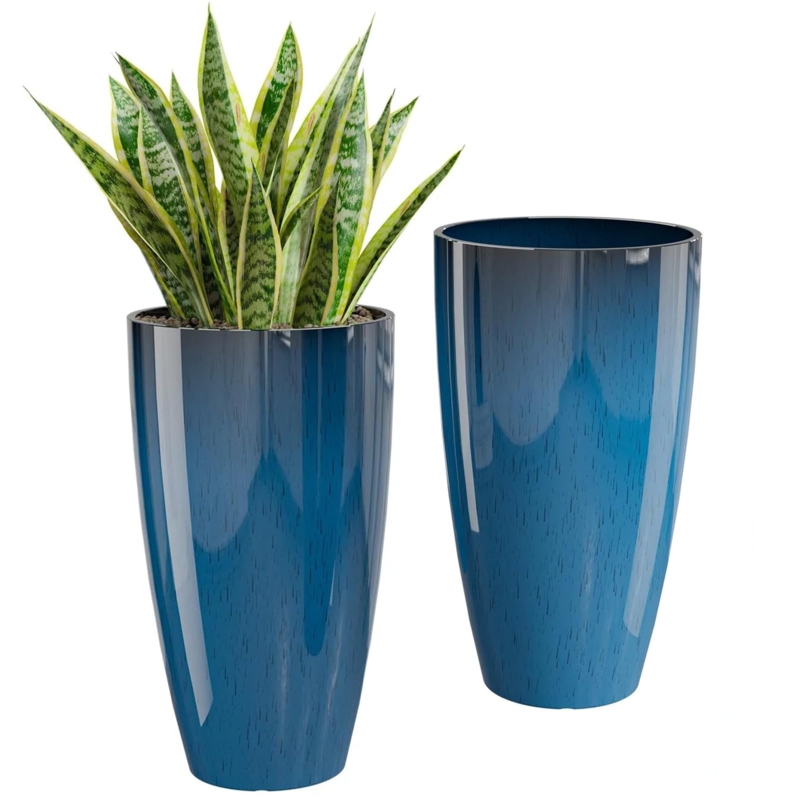 Tall Planter Set, Glossy Cobalt Blue Textured Striae Finish