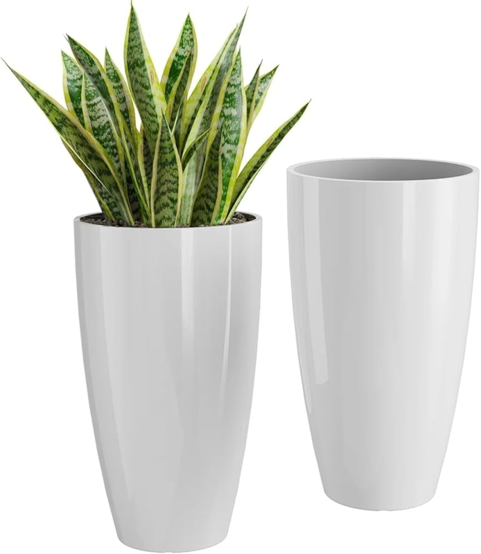 Tall Planter Set, Glossy White Resin-Like Tapered Silhouette