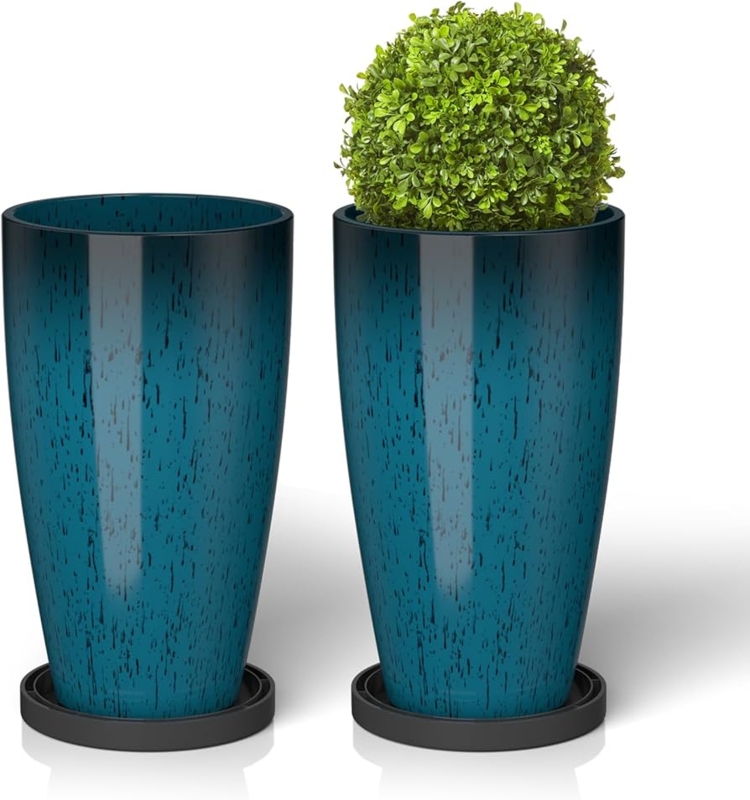 Tall Planter Set Teal Speckled Plastic with Removable Saucer 21 Inch
