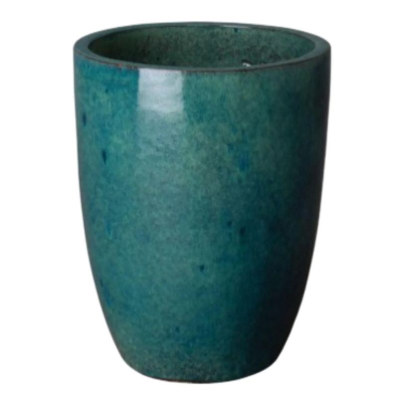 Tall Planter Teal Glossy Mottled Cylindrical Garden Vessel