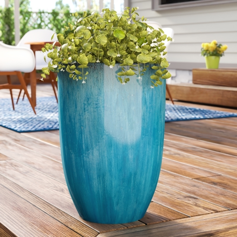Tall Planter Turquoise Ceramic Glossy Glaze Distressed Rim Pot