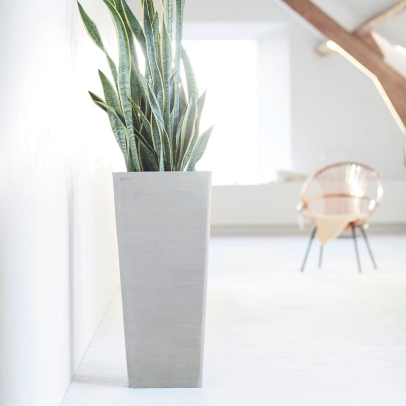 Tall Square Planter, Light Grey Stone-Like Tapered Base, Minimalist Pot
