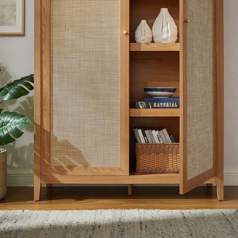 Tall Storage Cabinet with Rattan Cane Doors and Open Shelving