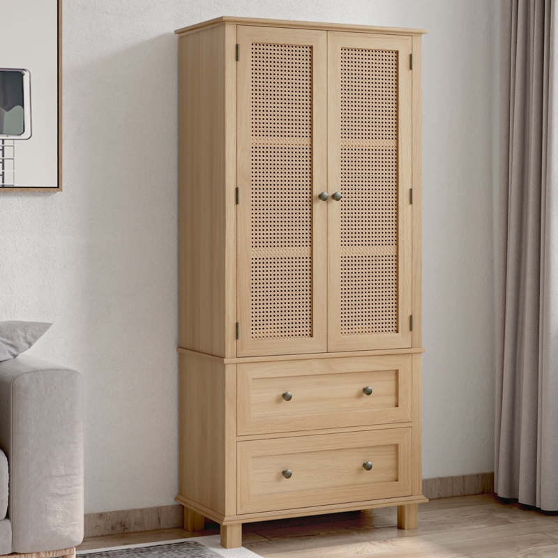 Tall Storage Cabinet with Rattan Doors and Two Drawers, Light Oak