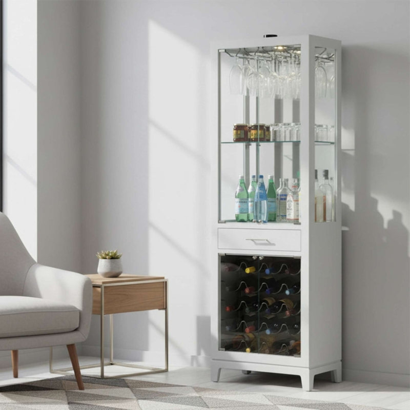 Tall White Bar Cabinet Tower with Glass Doors and Wine Grid Storage