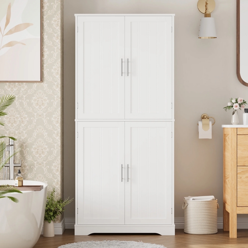 Tall White Beadboard Linen Cabinet with Four Doors and Arched Base