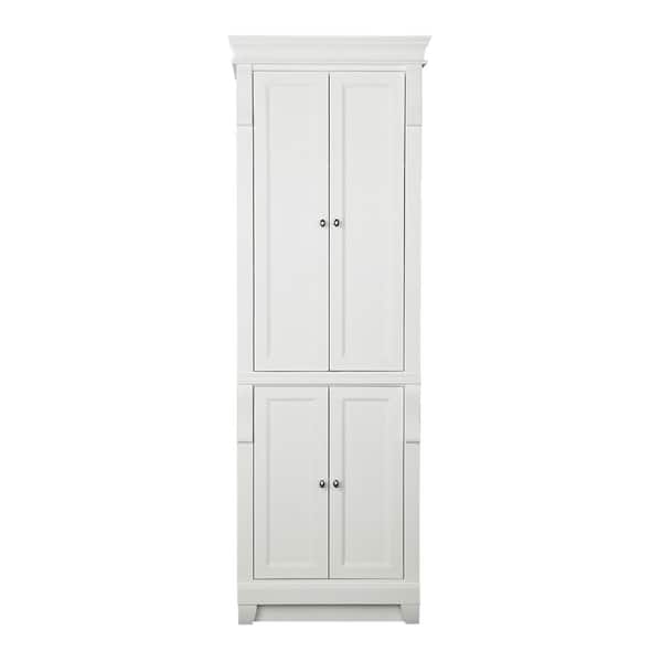 Tall White Linen Cabinet with Four Doors and Crown Molding