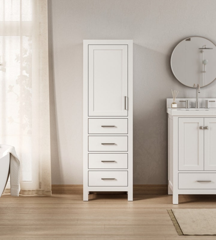 Tall White Shaker Linen Cabinet with Four Drawers and Square Legs