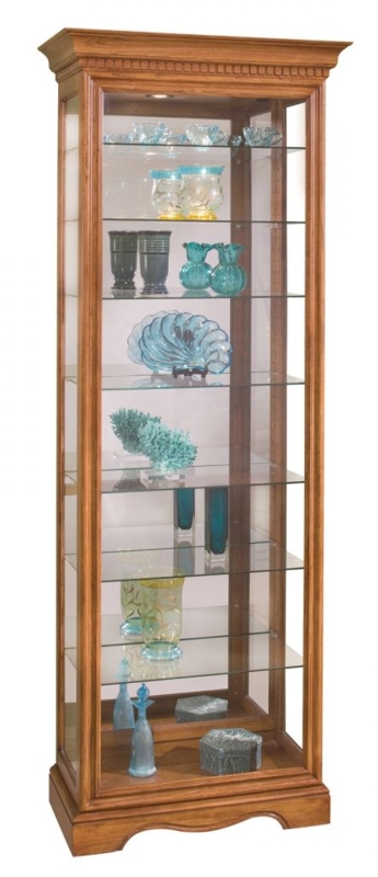 Tall Wood Curio Cabinet Crown Molding Dentil Detail Mirrored Back