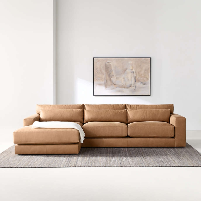 Tan Leather Sectional Sofa with Chaise and Lumbar Pillows Low Profile