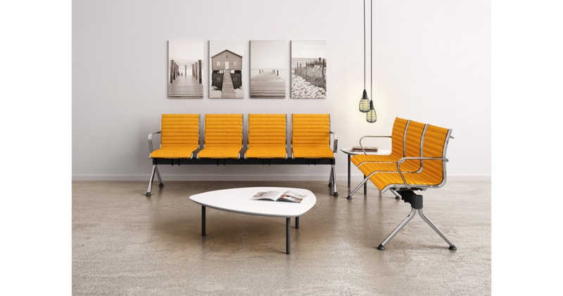 Tandem Seating Vibrant Orange Ribbed Upholstery Chrome Legs Mid Century