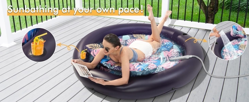 Tanning Pool: Deep Purple Inflatable Rim with Tropical Floral Print.
