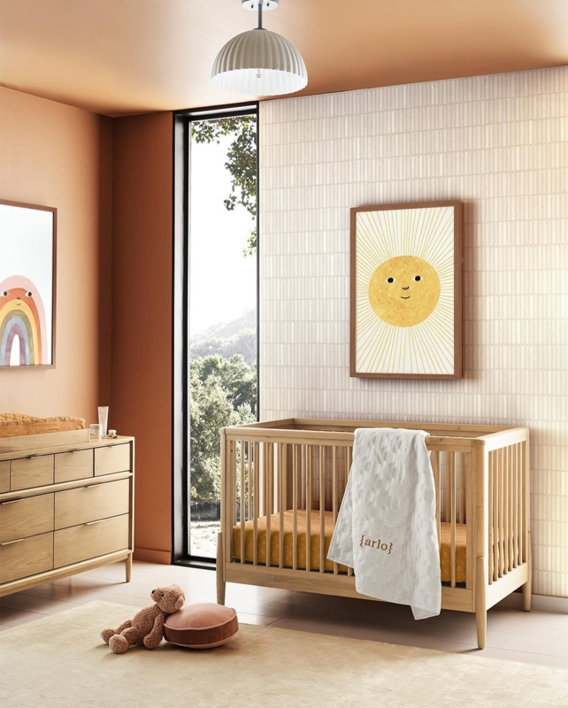 Tapered Leg Convertible Crib in Natural Oak Wood Finish with Slats