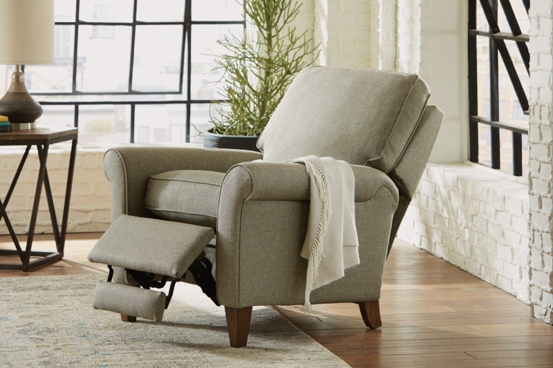 Taupe Fabric Recliner with Rolled Arms and Tapered Legs