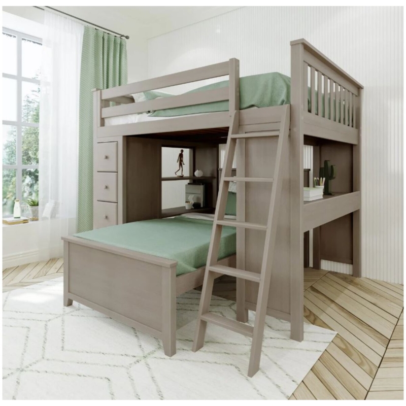 Taupe Grey Full Over Twin Loft Bunk with Perpendicular Bed Layout