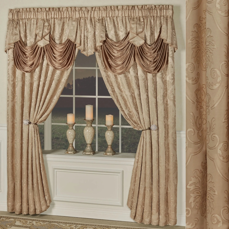 Taupe Jacquard Damask Curtains with Waterfall Swag