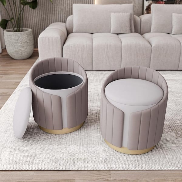 Taupe Velvet Storage Ottoman with Channel Stitching and Gold Base