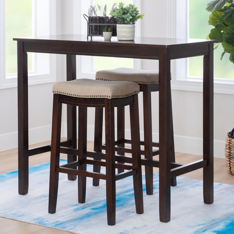 Tavern Set: Dark Walnut Finish, Backless Stools. Small Space Tavern Table.
