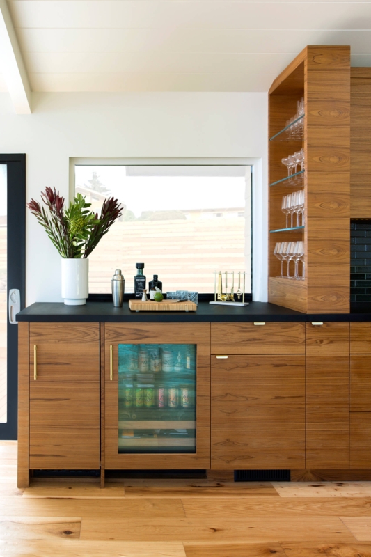 Teak Bar Cabinetry with Horizontal Grain and Integrated Beverage Center