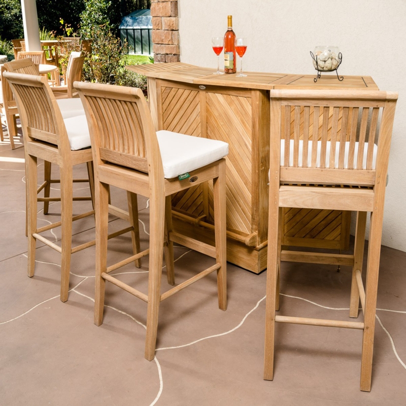 Teak Bar Set featuring Chevron Paneling and White Cushions