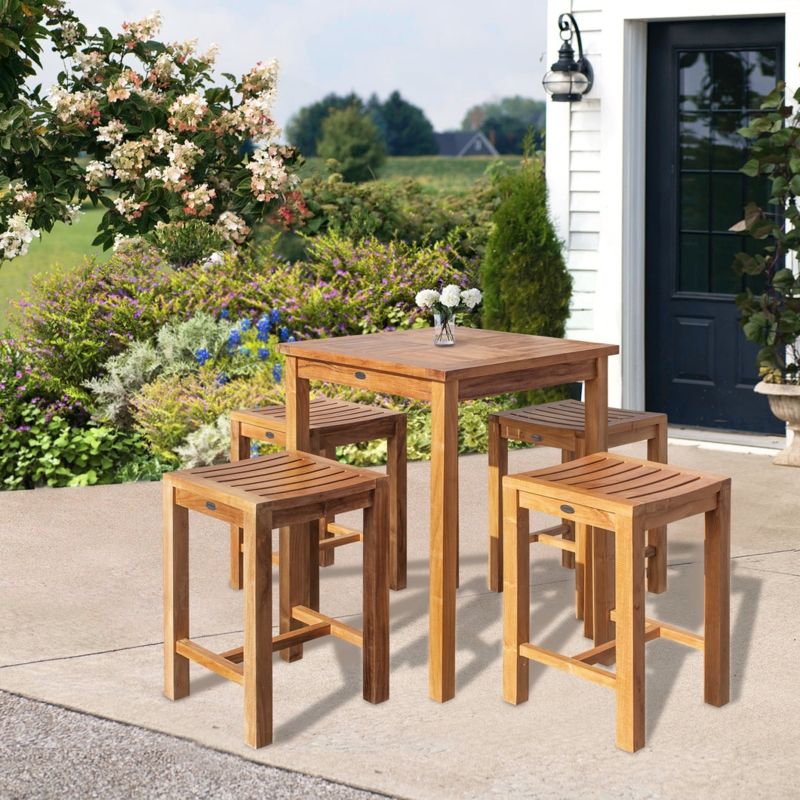 Teak Bistro Set Honey Brown Slatted Seats Square Table Backless
