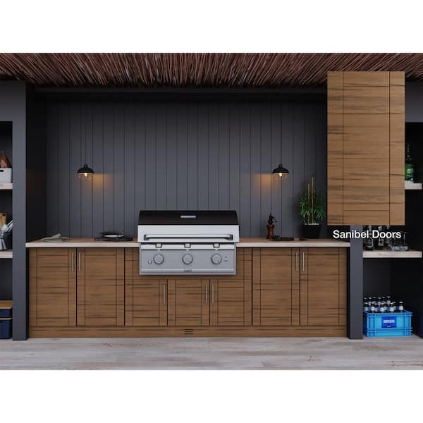 Teak Brown Outdoor Kitchen Cabinets with Integrated Grill Island Set