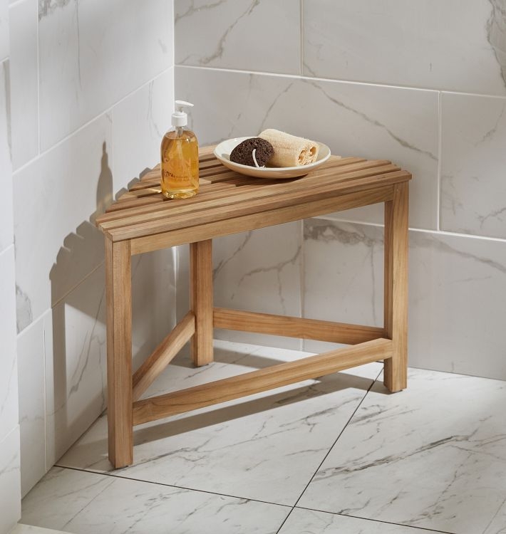Teak Corner Shower Bench Triangular Shape, Cross Brace Support Slatted Top