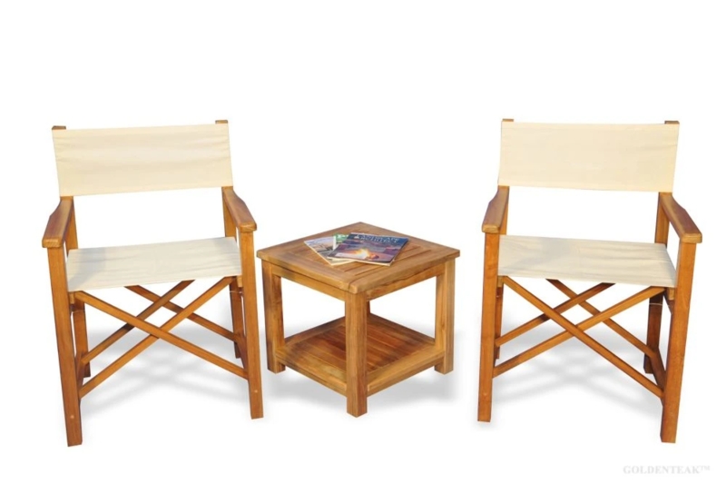Teak Director's Chair Set with Cream Canvas and Slatted End Table
