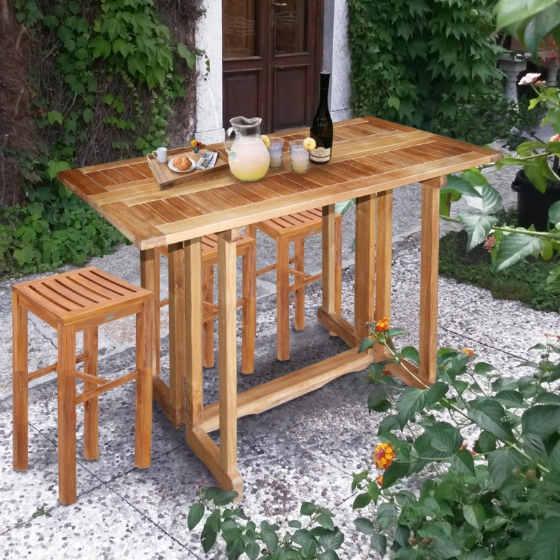 Teak Folding Bar Table with Slatted Rectangular Top