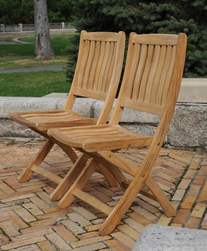 Teak Folding Chair with Vertical Slatted Back and Brass Hardware