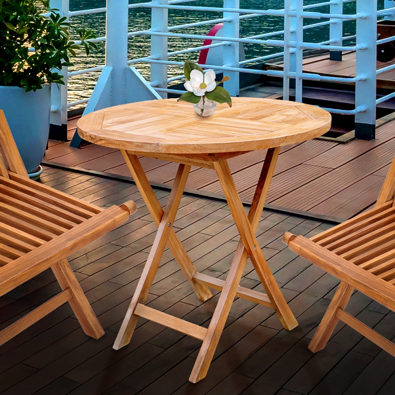 Teak Folding Table with Round Herringbone Pattern Top