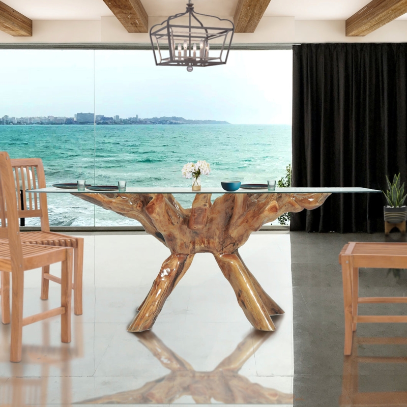 Teak Root Dining Table Glass Top Sculptural Organic Form Coastal Style
