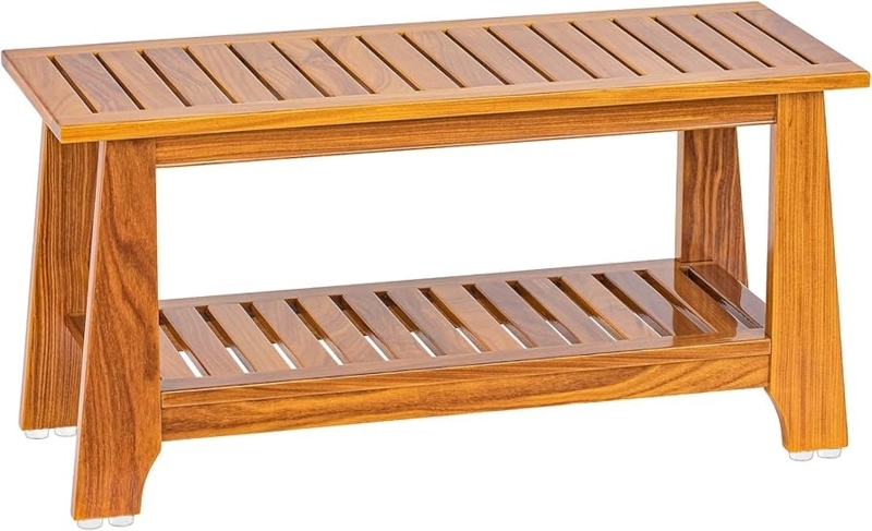 Teak Shower Bench Adjustable Leveling Feet, Glossy Finish Bottom Shelf