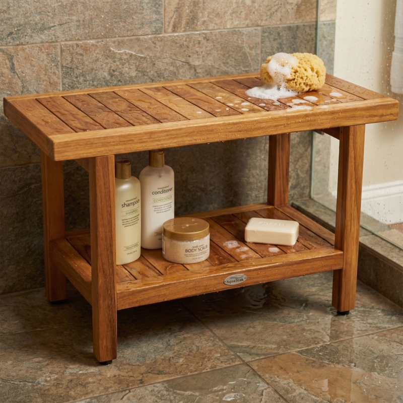 Teak Shower Bench Aqua Teak Branding, Slatted Top Water Drainage Design