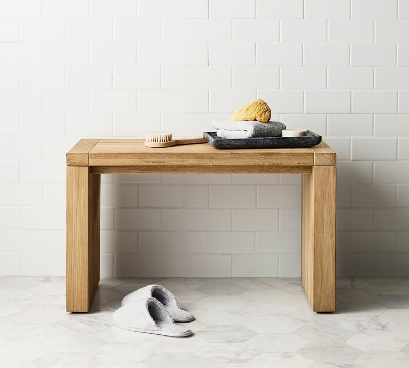 Teak Shower Bench Block Legs, Thick Profile Minimalist Silhouette Matte