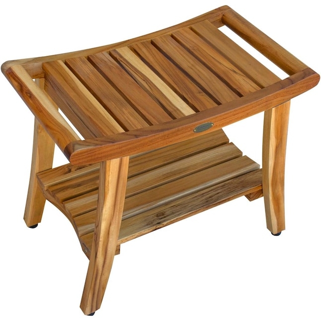 Teak Shower Bench Curved Handles, Slatted Shelf Warm Grain Variation Wood