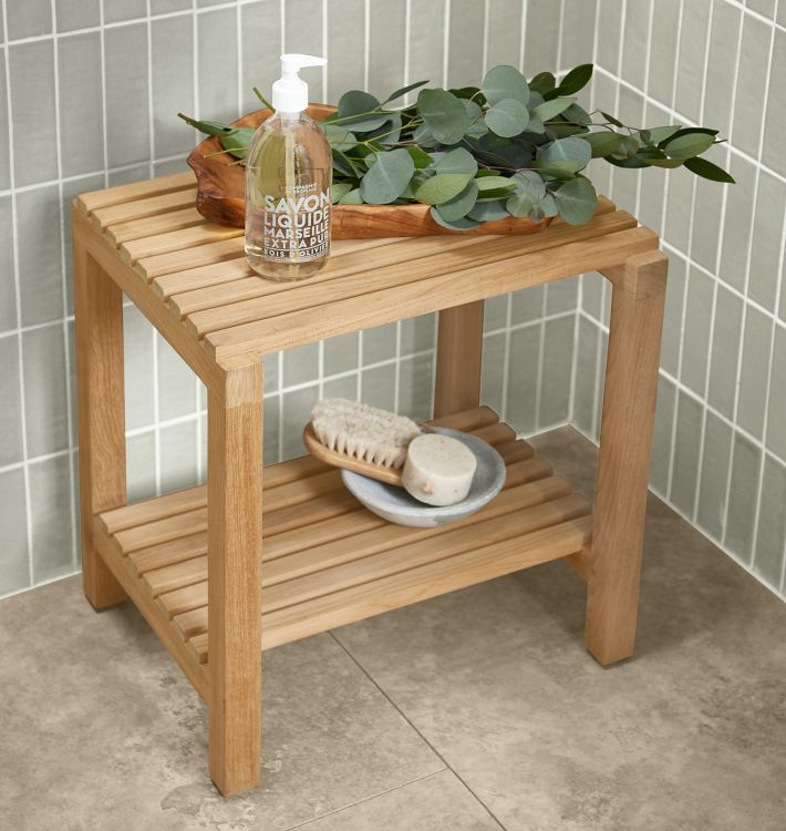 Teak Shower Bench Vertical Slat Design, Two Tier Structure Honey Brown