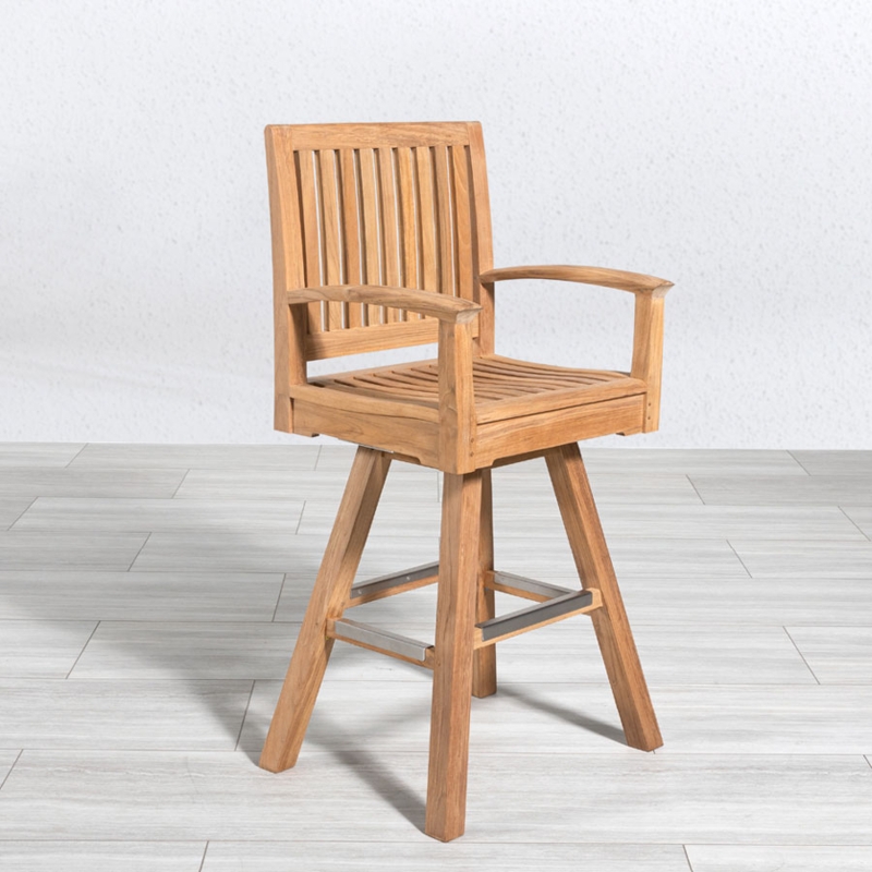 Teak Swivel Bar Chair Slatted Wood Metal Kickplates