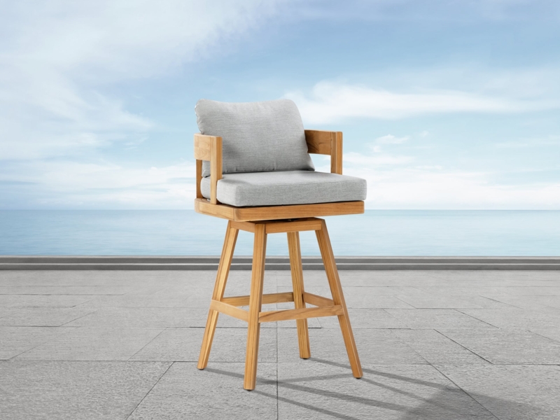 Teak Swivel Bar Stool Gray Fabric Boxed Seat Cushion