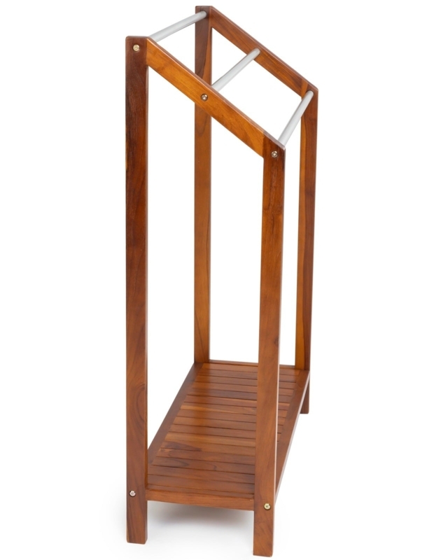 Teak Towel Rack featuring Angled Tiers and Slatted Shelf