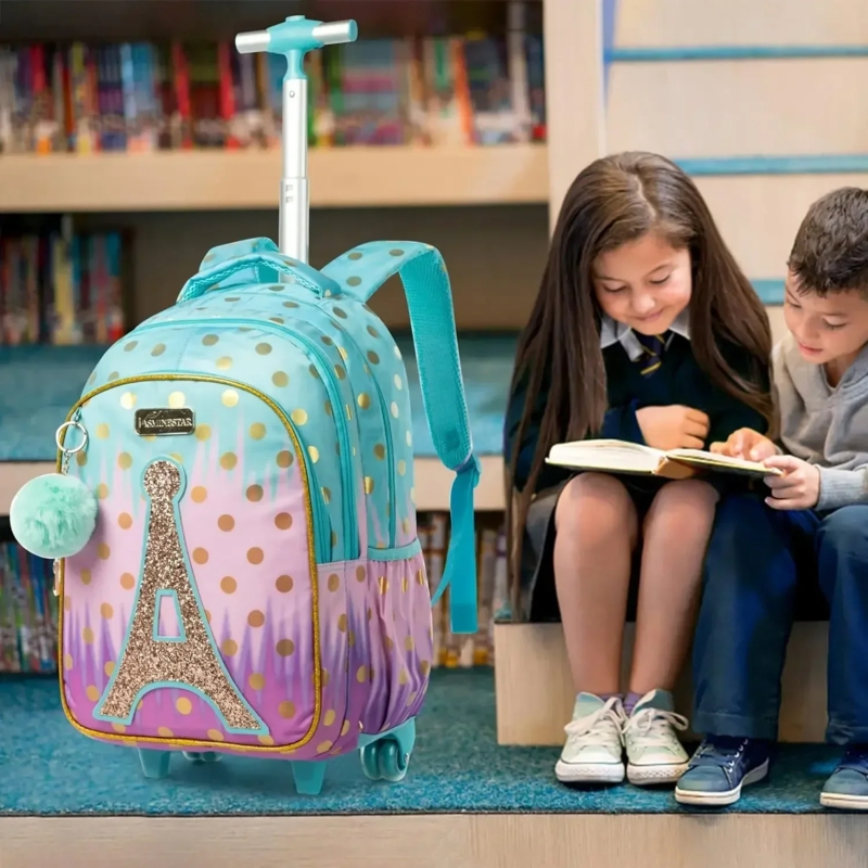 Teal Lavender Ombre Wheeled Backpack with Glitter Eiffel Tower Motif