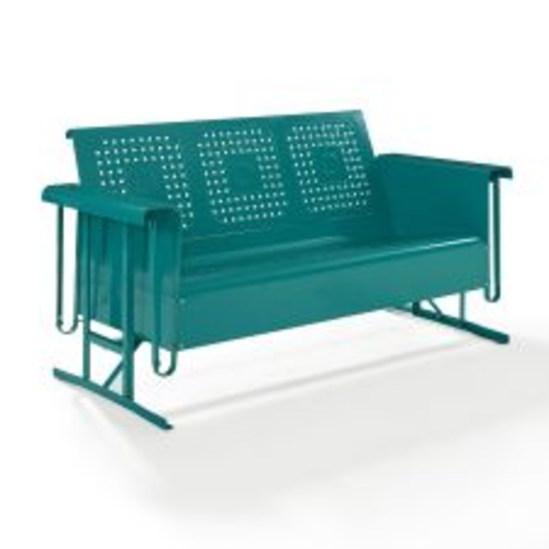 Teal Metal Porch Glider with Perforated Backrest and Wide Flat Armrests