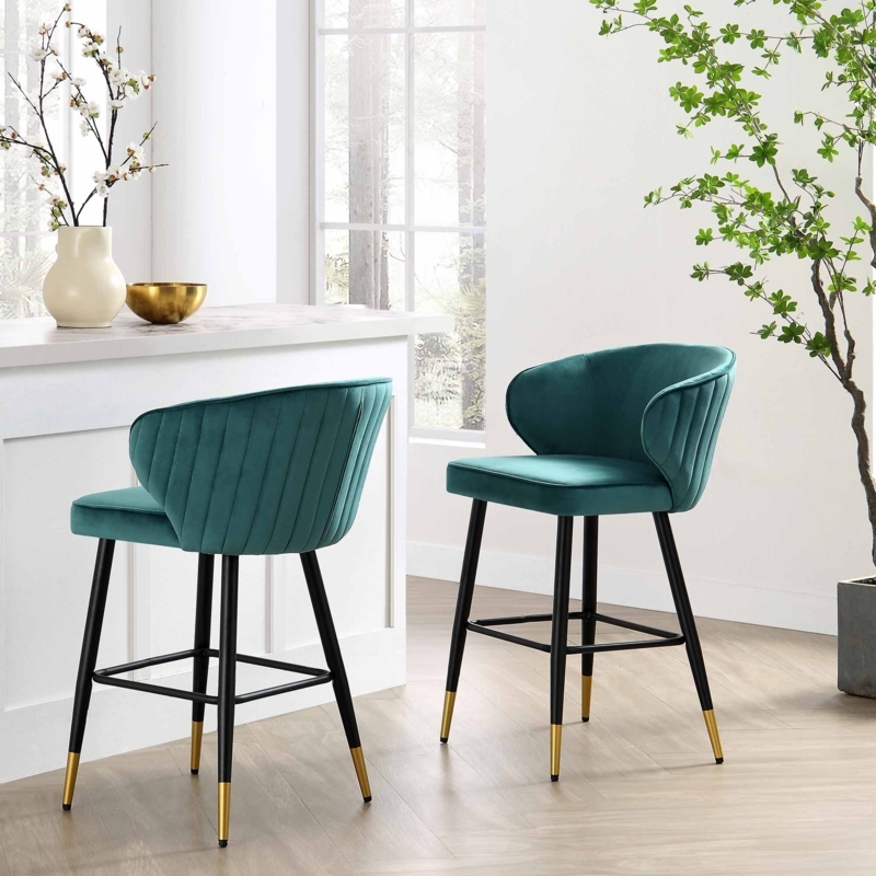 Teal Velvet Counter Stool with Channel Tufting and Gold Leg Tips