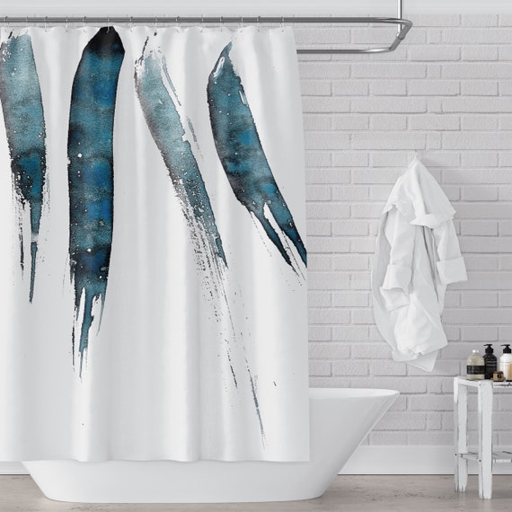 Teal Watercolor Shower Curtain, Vertical Brushstrokes, Abstract Art.