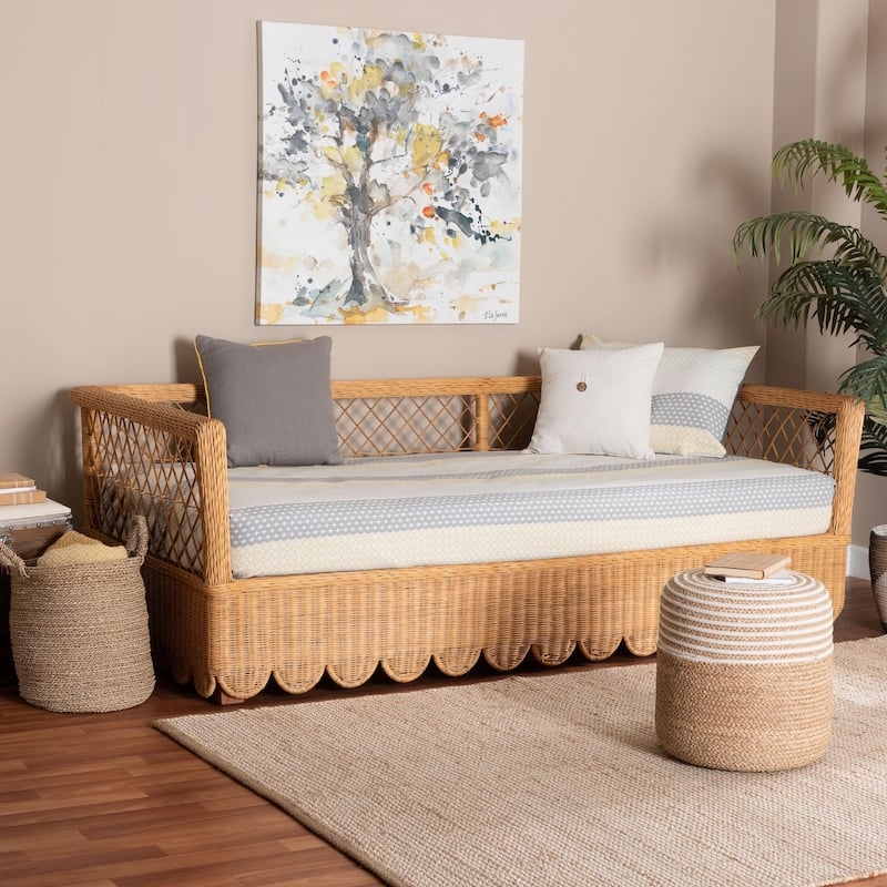 Teresa Natural Rattan Daybed - Handwoven Sofa Bed Frame with Scalloped Edge and Open Lattice Back, Coastal Boho Style, Twin - Light Honey