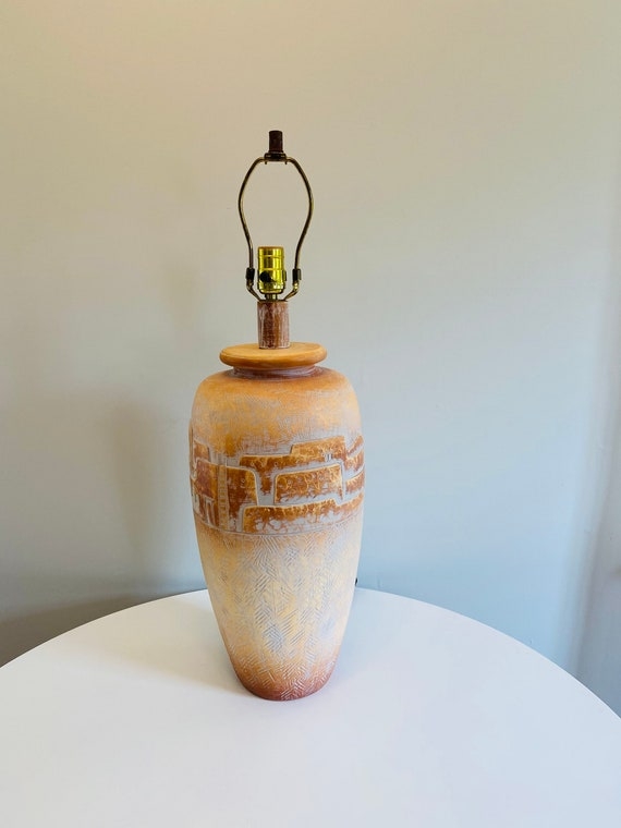 Terracotta Relief Ceramic Table Lamp featuring Pueblo Carving
