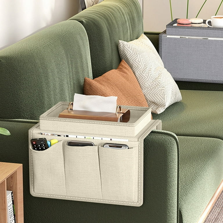 Textured Cream Sofa Armrest Organizer Top Integrated Tray