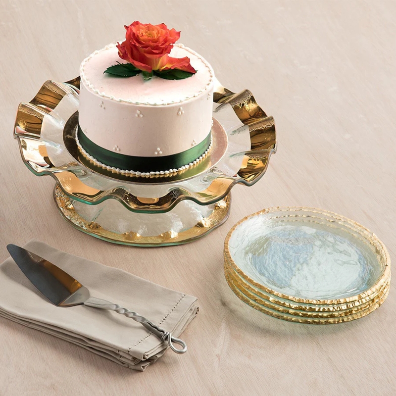 Textured Glass Cake Stand Ruffled Gold Rim Modern Glam Server