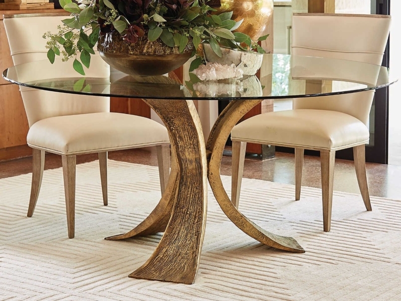Textured Gold Finish Round Dining Table with Glass Top