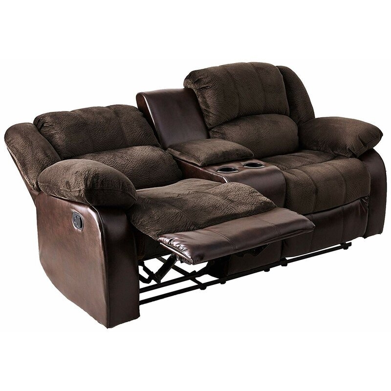 Textured Reclining Loveseat: Two-Tone Brown, Exposed Mechanism